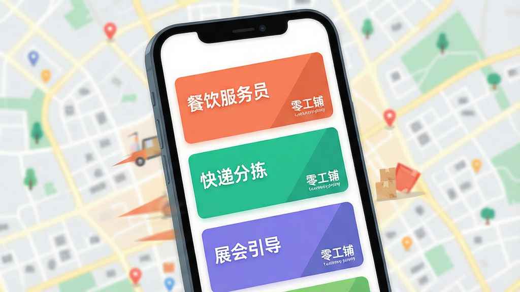 一幅展示“零工铺”软件内岗位列表滚动更新的动态感插画,画面中央是手机屏幕,屏幕中显示多个不同颜色的兼职岗位卡片,如“餐饮服务员”、“快递分拣”、“展会引导”,卡片上有“零工铺”的Logo水印,背景是模糊的城市地图线条,风格扁平化,色彩明快,细节清晰,画质干净,无多余元素
