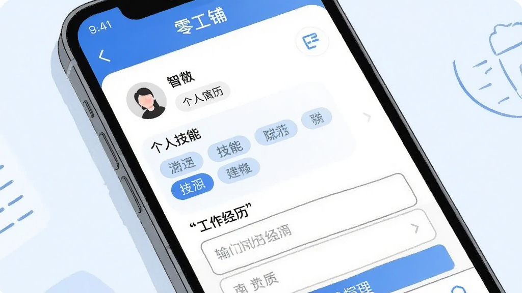 一张展示“零工铺”软件内个人简历填写界面的手机截图风格插画,画面中手机屏幕显示个人信息、技能标签选择和工作经历输入框,界面设计简洁易用,配色以蓝白为主,风格清新商务,细节清晰,画质干净