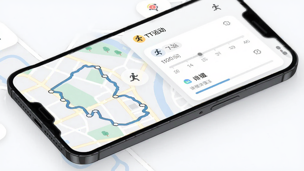 主体是一部手机展示运动轨迹地图和数据统计卡片,布局为手机斜放视角,排版上左侧显示地图轨迹右侧显示数据列表,风格为现代简约UI风格插画,细节包括跑步小人图标、时间轴、进度条,画面中文字标注