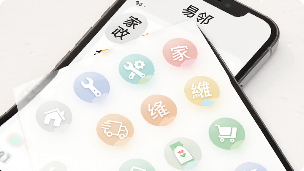 手机屏幕展示“易邻”应用的生活服务页面,画面中有家政、维修、快递、生鲜等圆形图标整齐排列,背景为白色,图标色彩柔和,界面干净,顶部有“易邻”字样,画质高清,无多余元素