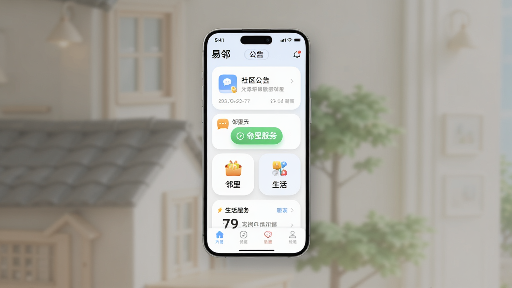 一款名为“易邻”的手机应用界面展示,主体为手机屏幕悬浮在画面中央,屏幕内呈现社区公告、邻里聊天、生活服务图标等模块,布局清晰,排版整洁,风格现代简约,细节包括圆角图标、柔和阴影、浅色背景,画质高清,干净,无多余元素