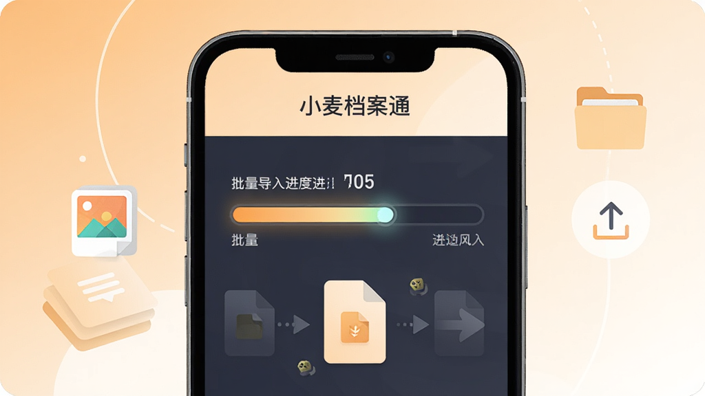 手机屏幕中“小麦档案通”显示批量导入进度条与文件传输动画,旁边有相册图标、文件夹图标、向上导出箭头,布局为手机居中、图标左右分布,风格为扁平化数据管理插画,细节包括进度条光效与文件卡片层叠,背景为浅橙到米白渐变,画质高清,干净,无多余元素