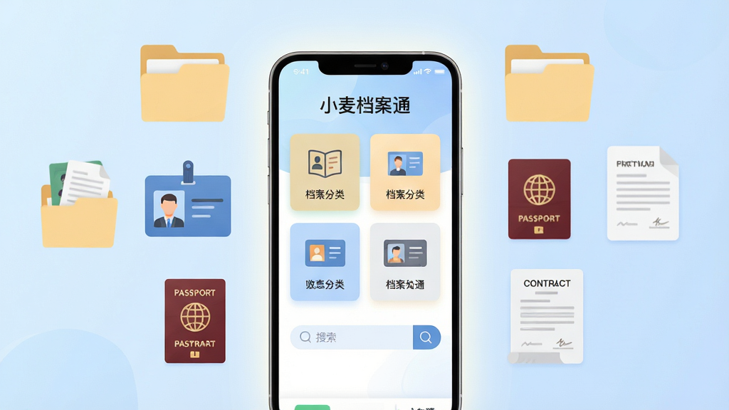画面中央是一部智能手机,屏幕上显示“小麦档案通”应用界面,界面中包含档案分类卡片、证件图标与搜索框,手机周围环绕着文件夹、身份证、护照、合同文档等扁平化图标,布局采用居中对称构图,风格为清爽简约的科技插画风,细节上手机屏幕有柔和光效,背景为浅蓝色渐变,画质高清,干净,无多余元素
