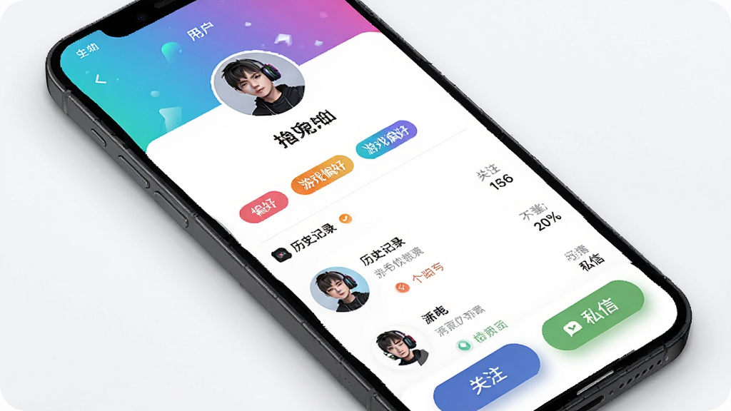��Ӯ�羺������ҳ���棬����Ϊ�ֻ���Ļ�е��û���������ҳ�棬����Ϊ������ͷ����ǳ������в�����Ϸƫ�ñ�ǩ����ʷ��¼�б����ײ��ǹ�ע��˽�Ű�ť���Ű��η��������Ϊ�罻Ӧ�÷磬ϸ�ڰ�������ͷͼ��Բ��ͷ�񡢲�ɫ��ǩ����ť��ӰЧ�������ʸ��壬����ɾ����޶���Ԫ��