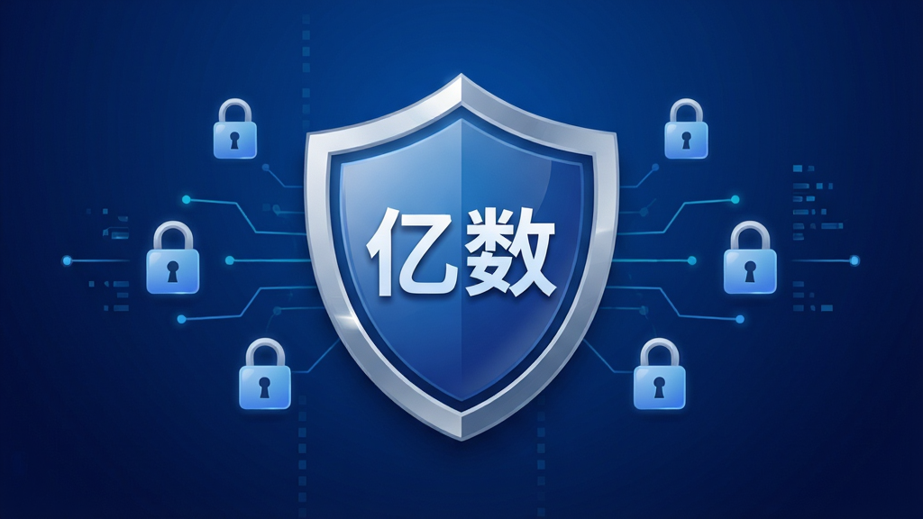 亿数App安全防护界面截图风格图,画面展示盾牌图标与权限开关列表,背景为深蓝色渐变,盾牌上有“亿数”字样,周围环绕锁形图标与数据线条,风格为科技安全风,布局居中对称,细节包括高光与阴影处理,画质高清、干净、无多余元素