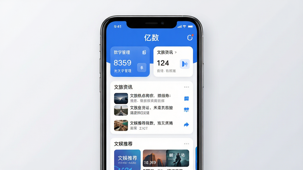 亿数手机应用主界面展示,画面中央是一部智能手机,屏幕显示蓝色与白色为主调的App首页,顶部有“亿数”应用名称,页面布局包含数字资产管理卡片、文旅资讯列表、文娱推荐模块,背景为干净的浅灰色渐变,风格为现代科技简约风,细节包括图标圆角、文字清晰可辨,画质高清、干净、无多余元素