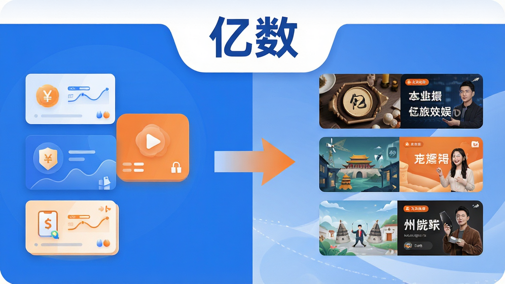 亿数App功能特色展示图,画面左侧为数字资产卡片图标,右侧为文旅文娱内容缩略图,中间用箭头连接表示功能切换,顶部有“亿数”文字标识,整体采用扁平化设计风格,配色以蓝白橙为主,布局为左右对称结构,细节干净清晰,画质高清、干净、无多余元素