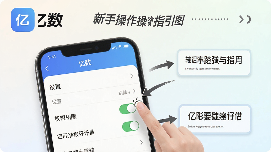 亿数App新手操作指引图,画面为手机屏幕截图风格,展示设置菜单与权限开关,屏幕旁有手指点击图标,背景为浅色渐变,顶部有“亿数”标识,风格为教程指引风,布局清晰,细节包括箭头标注与文字说明框,画质高清、干净、无多余元素
