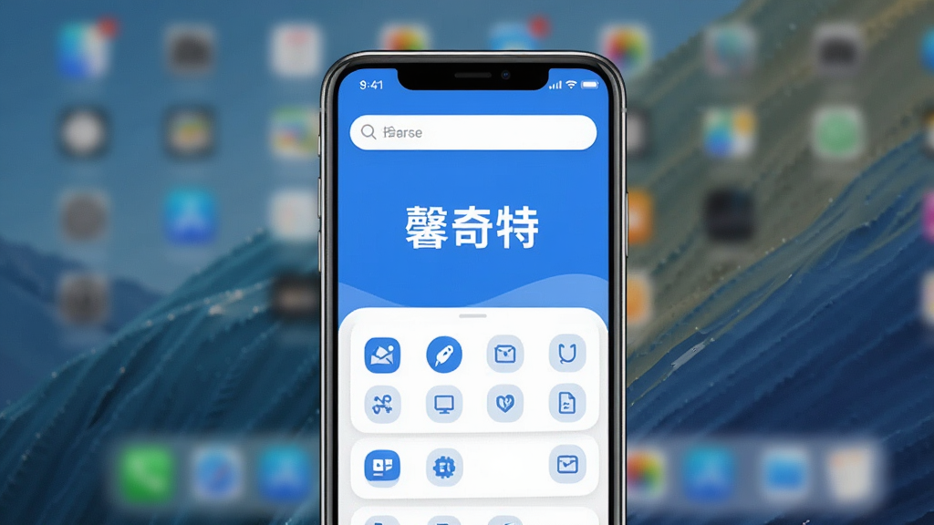 一张展示智能手机屏幕的图片,屏幕中央显示“馨奇特”软件的主界面,界面布局干净整洁,上方有搜索栏,下方排列着各种功能图标,整体风格为现代科技感,蓝色与白色为主色调,背景是模糊的桌面壁纸,画质清晰,无多余元素