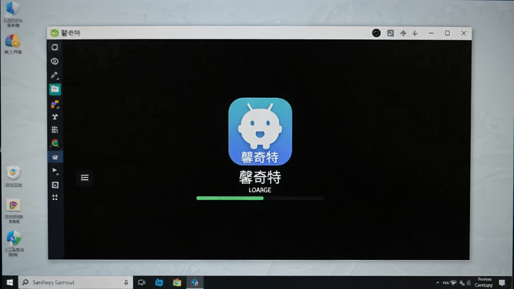 一张电脑屏幕的图片,屏幕上运行着安卓模拟器,模拟器窗口内显示“馨奇特”的启动画面,画面中央有软件 Logo 和加载进度条,背景为简洁的桌面环境,画质清晰