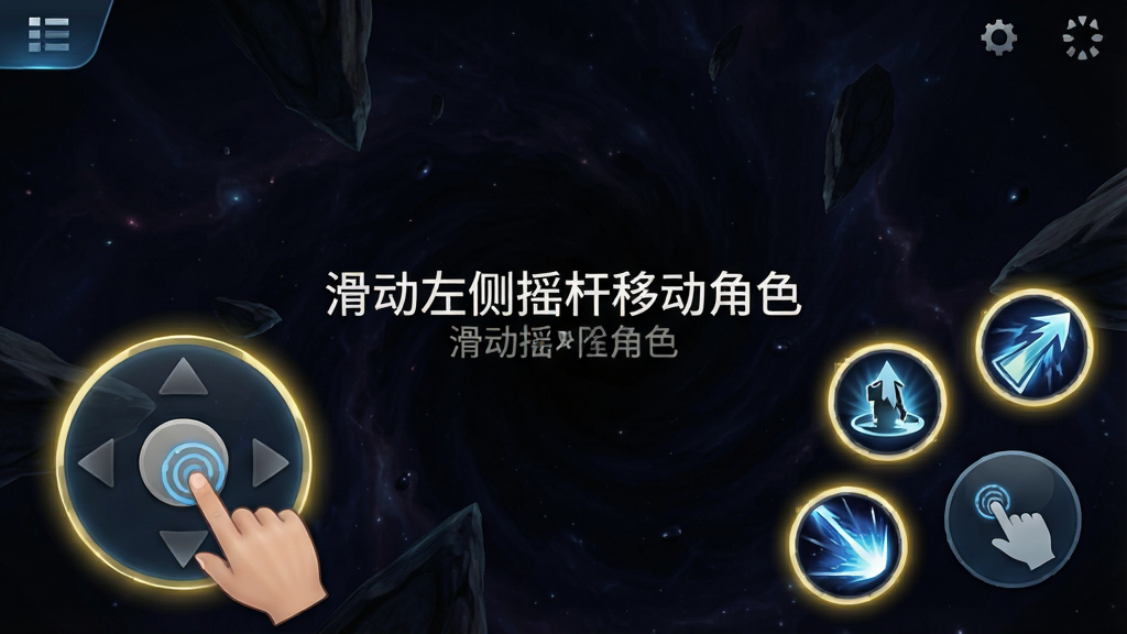 手机游戏新手教程界面截图,画面展示虚拟摇杆和技能按钮的高亮提示,屏幕中央有文字提示“滑动左侧摇杆移动角色”,背景为暗色虚空场景,布局为竖屏手机界面,风格为游戏UI教学指引,细节包含手指触摸图标、高亮光圈、文字说明,画质高清,干净,无多余元素