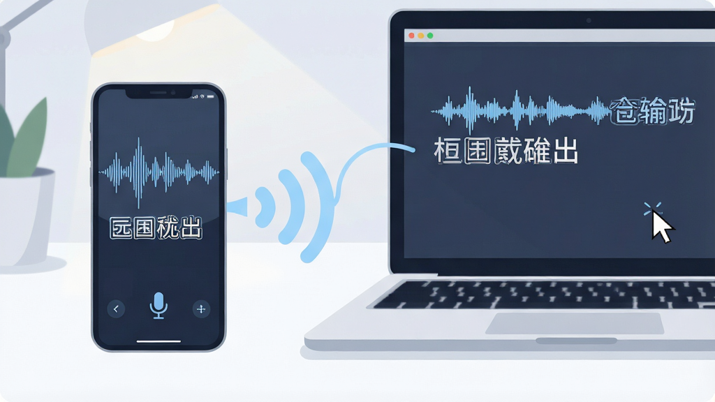 一张展示语音远程输入软件核心功能的场景图,画面中央是一部智能手机和一台笔记本电脑,手机屏幕上显示着正在波动的语音波形和转写出的中文文字,一条淡蓝色的无线信号线将手机与电脑连接起来,电脑屏幕上同步显示着相同的文字内容,背景是干净整洁的居家办公桌面,风格为现代科技感扁平插画,细节包括手机麦克风图标、电脑光标闪烁效果、柔和的环境光,画质清晰,干净,无多余元素
