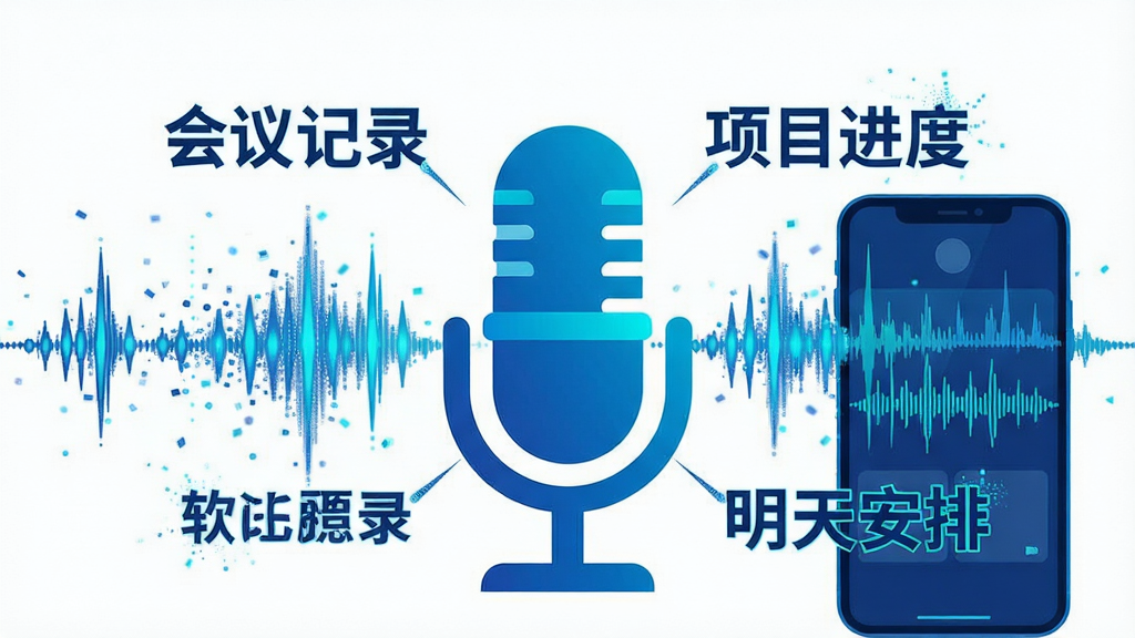 语音远程输入软件语音识别过程图,画面中央是一个巨大的麦克风图标,周围环绕着正在被识别成文字的中文词语,如“会议记录”“项目进度”“明天安排”等,手机屏幕显示识别中的波形,风格为科技感矢量插画,色调以蓝色和青色为主,细节包括声波纹理和文字粒子效果,画质清晰,干净,无多余元素