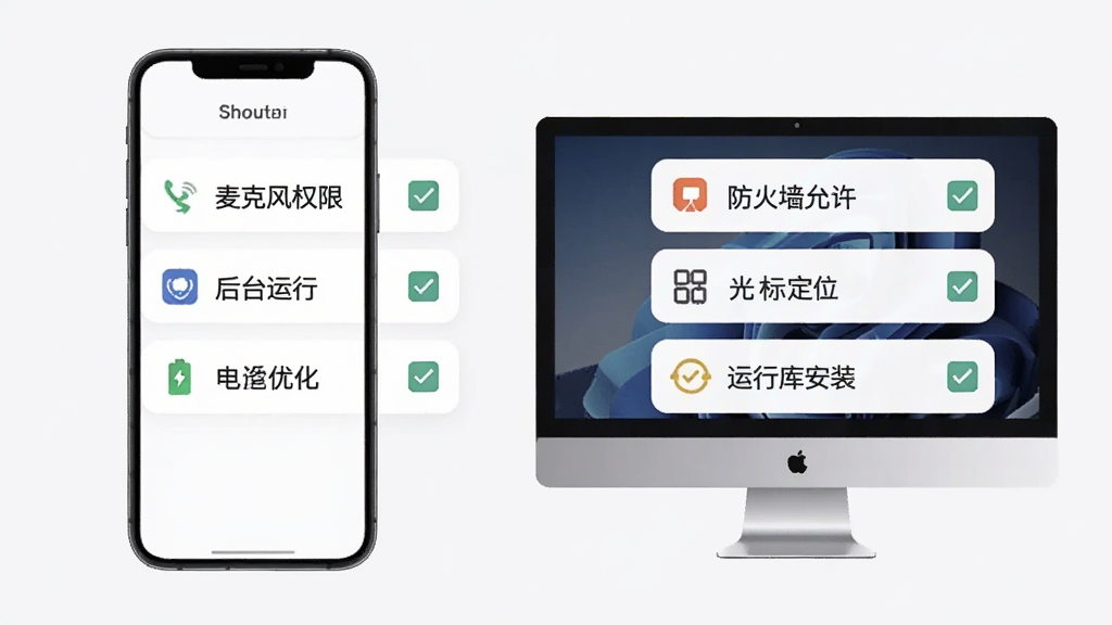 语音远程输入软件新手设置检查清单图,画面以清单形式展示手机和电脑两端的设置项,手机端包括麦克风权限、后台运行、电池优化,电脑端包括防火墙允许、光标定位、运行库安装,每一项旁边有勾选框,风格为简洁的待办清单UI,色调以白色和浅灰色为主,细节包括勾选标记和图标,画质清晰,干净,无多余元素