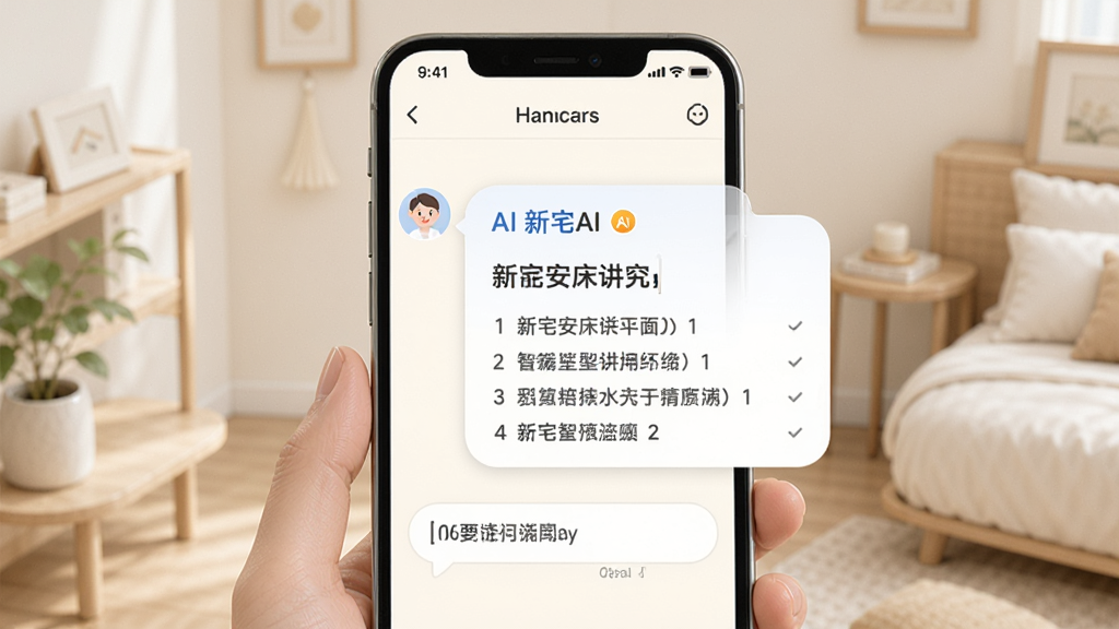 新宅AI智能问答功能界面展示,手机屏幕中用户正在输入关于新宅安床讲究的问题,AI回复以气泡形式呈现,内容分点列出,界面采用柔和的米白色调,图标精致,风格清新友好,画质高清,干净无杂物