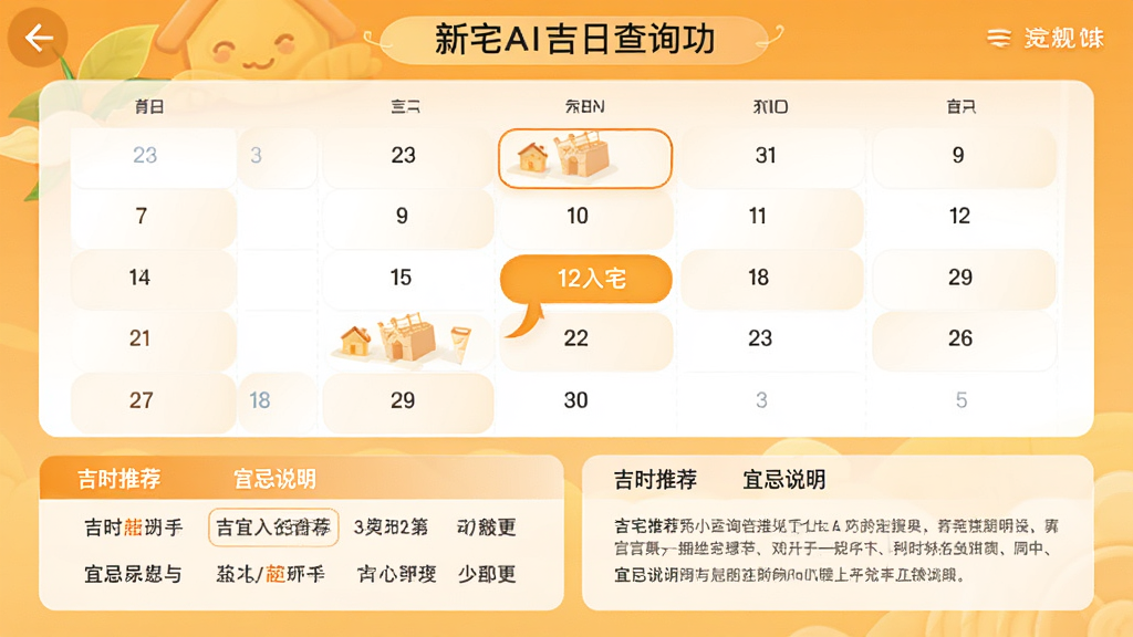 新宅AI吉日查询功能界面,日历网格上高亮标注宜入宅的吉日,下方配有吉时推荐与宜忌说明文字,整体配色以温暖的橙黄色为主,排版清晰有序,风格简洁大方,画质细腻,无多余装饰