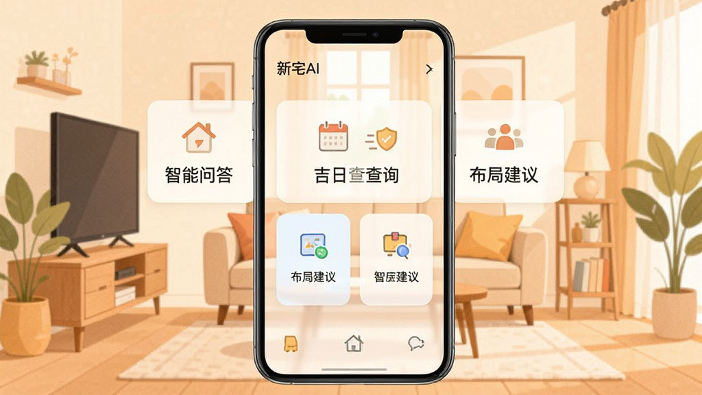 一张展示新宅AI应用程序主界面的手机屏幕截图,画面中央是简洁的卡片式功能入口,包括智能问答、吉日查询、布局建议等模块,背景为温馨的家居场景插画,色调温暖明亮,风格现代简约,细节清晰,画质干净,无多余元素