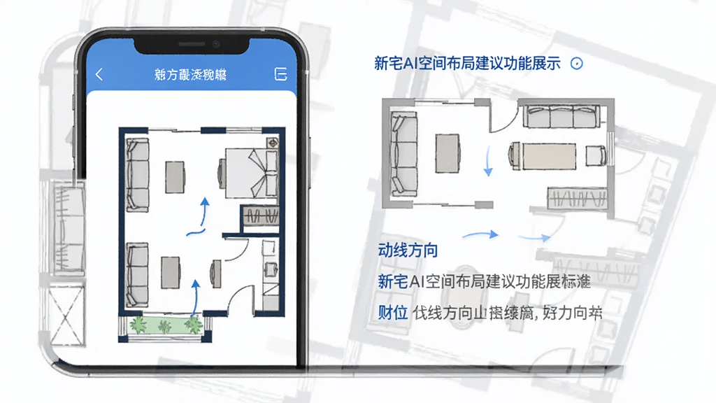 新宅AI空间布局建议功能展示,手机屏幕上显示一张简化的户型平面图,旁边附有家具摆放示意图与文字建议,标注了财位与动线方向,界面风格专业清晰,色调以蓝白灰为主,画质干净,无多余元素