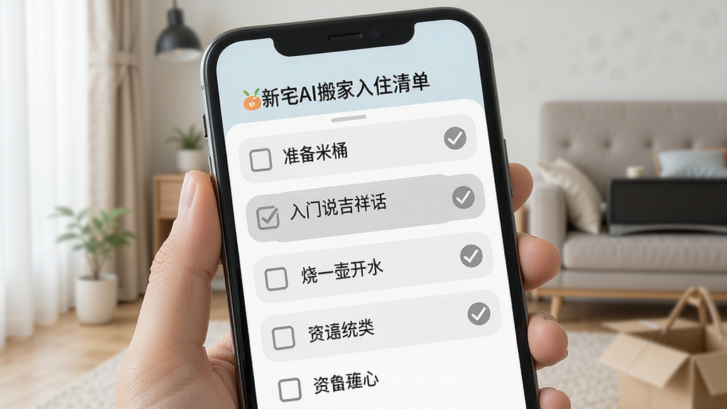 新宅AI搬家入住清单界面,手机屏幕上展示一个可勾选的待办事项列表,包含「准备米桶」「入门说吉祥话」「烧一壶开水」等条目,已完成项打勾并变灰,界面清爽整洁,配色柔和,画质清晰,无多余装饰