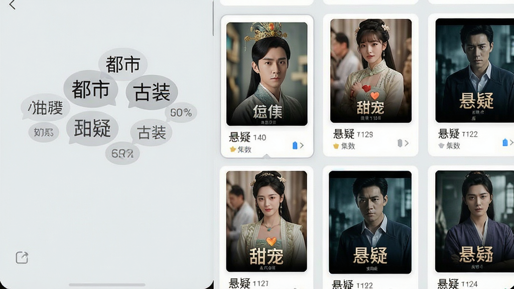 一款手机应用界面的展示图,画面主体是分类标签云和短剧封面网格,标签包括“都市”“古装”“甜宠”“悬疑”等,每个封面缩略图下方有剧名和集数,界面采用卡片式布局,背景为浅灰色,风格清新简约,细节有选中状态的高亮边框,画质清晰,干净,无多余元素