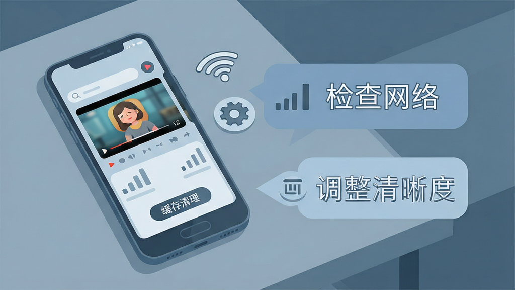 一部手机放置在桌面上,屏幕显示短剧播放界面,旁边有WiFi信号图标和设置齿轮图标,画面风格为扁平化插画,色调以蓝灰为主,布局左侧为手机主体,右侧为提示文字气泡,文字内容为“检查网络”和“调整清晰度”,细节有信号格和缓存清理按钮,画质清晰,干净,无多余元素