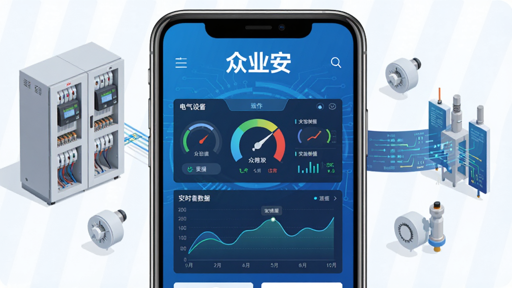 手机屏幕显示众业安APP主界面,蓝色科技感背景,页面中央展示电气设备运行状态仪表盘和实时数据曲线,界面简洁专业,顶部有