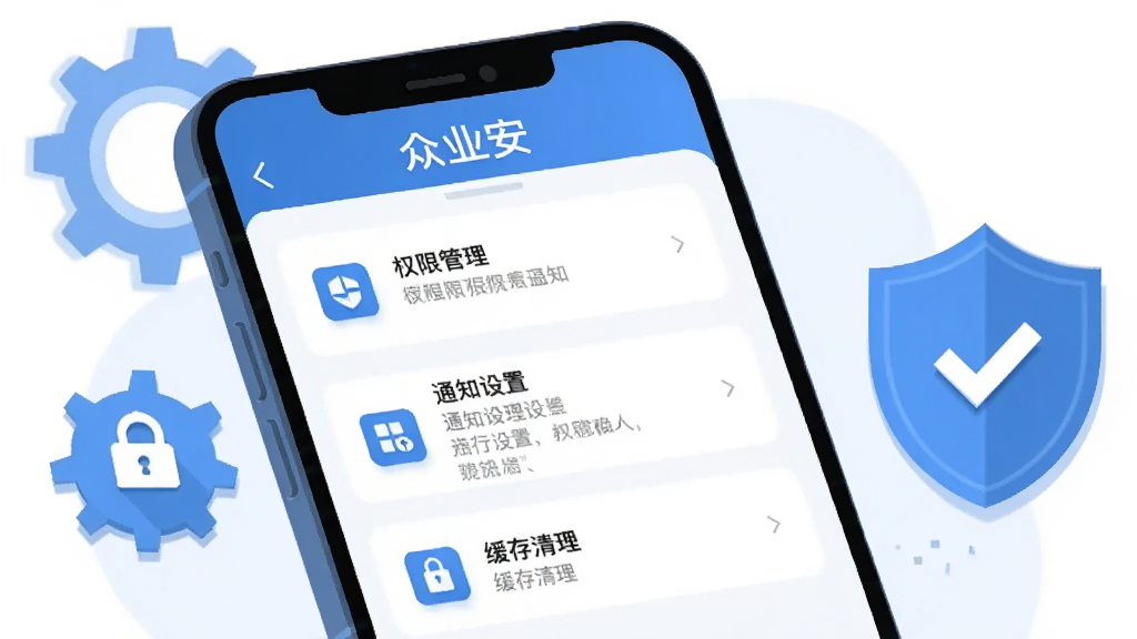 众业安APP设置页面截图风格插画,手机屏幕展示权限管理、通知设置、缓存清理等选项,界面清晰,图标简洁,蓝白配色,旁边有齿轮和盾牌图标装饰,扁平化科技风格,画质干净,无多余元素,屏幕上方有