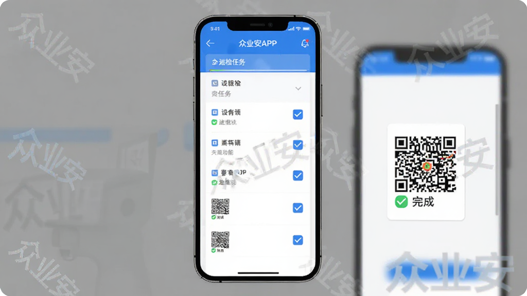 众业安APP巡检功能界面,手机屏幕展示巡检任务列表和扫码页面,画面中有设备二维码标签和勾选完成的巡检项,蓝色和白色为主色调,界面清爽,扁平化设计,带