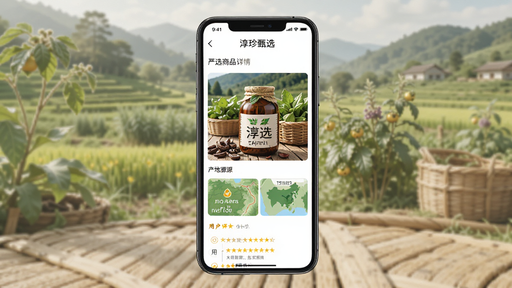 主体是淳珍甄选APP的严选商品详情页,布局为手机界面居中展示,排版采用图文结合形式,风格为自然原产地风格,细节包括商品实拍图、产地溯源信息卡片、用户真实评价区域,画质高清,干净,无多余元素