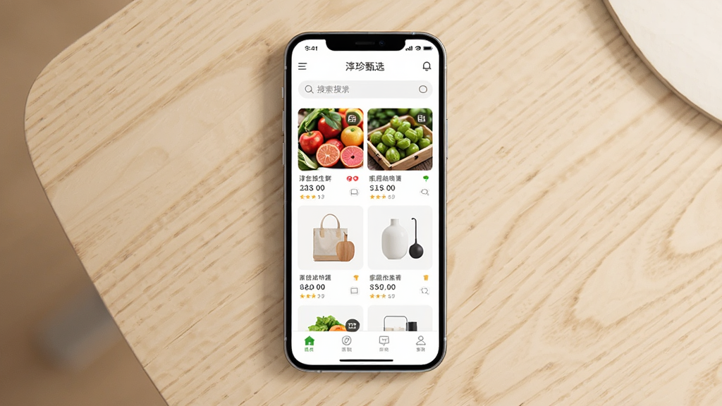 主体是一个手机屏幕展示淳珍甄选APP首页界面,布局为手机居中放置于浅色木纹桌面,排版采用竖版构图,风格为清新简约的电商展示风,细节包括屏幕内显示水果生鲜与家居用品的商品卡片、顶部搜索栏和底部导航栏,画质高清,干净,无多余元素