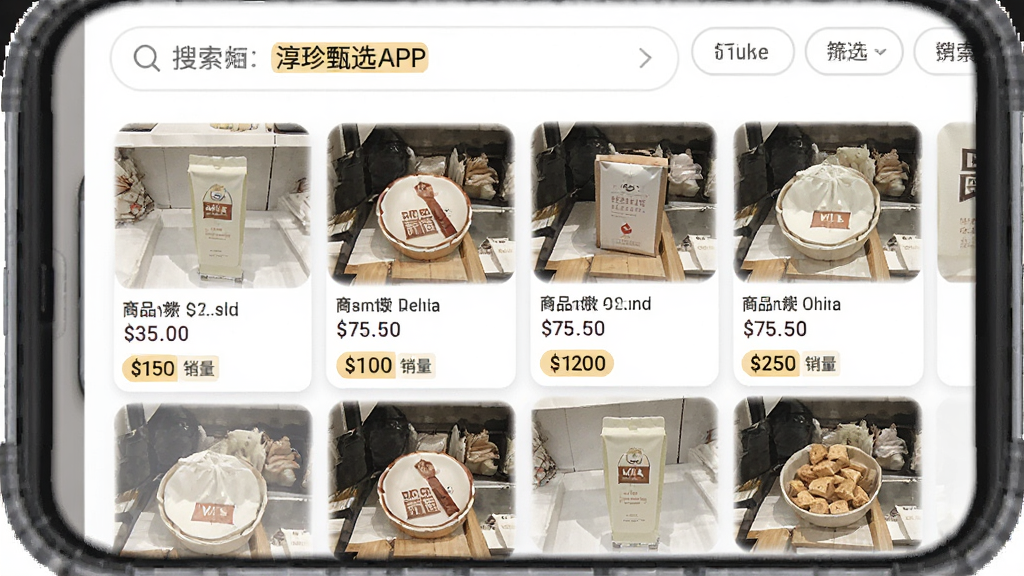 主体是淳珍甄选APP搜索结果页面,布局为手机界面展示搜索框与商品瀑布流,排版为双列商品卡片,风格为简洁高效风,细节包括搜索关键词高亮、筛选标签栏、商品价格与销量标签,画质高清,干净,无多余元素