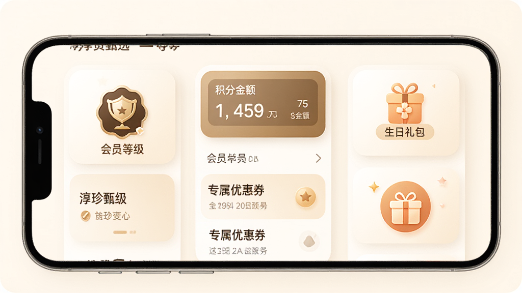 主体是淳珍甄选APP会员中心页面,布局为手机界面居中,排版采用卡片式布局,风格为温馨尊贵风,细节包括会员等级图标、积分余额显示、专属优惠券列表、生日礼包图标,画质高清,干净,无多余元素