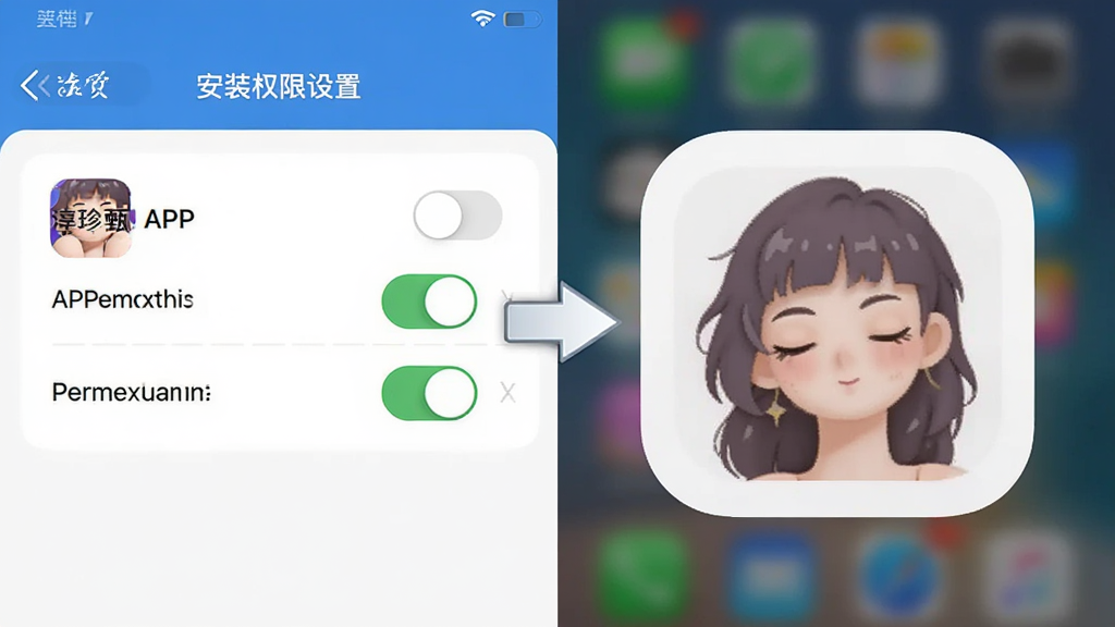 主体是淳珍甄选APP安装权限设置界面与手机桌面图标,布局为左右对比展示,排版为横版构图,风格为教程指引风,细节包括权限开关按钮、应用图标、箭头指引标识,画质高清,干净,无多余元素