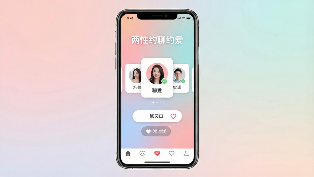 一张展示两性约聊约爱软件核心全貌的手机界面预览图,画面中央是一部竖屏智能手机,屏幕内显示两性约聊约爱APP的主页,主页上方有“两性约聊约爱”文字标识,中间是用户头像卡片与聊天入口按钮,底部是导航栏,布局简洁清晰,排版居中,风格为现代社交应用UI风格,细节包含柔和渐变色背景、圆角卡片、聊天图标,画质高清,干净,无多余元素