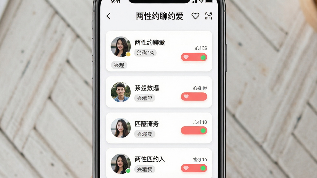 一张展示两性约聊约爱智能匹配推荐功能的界面图,画面中央是手机屏幕,屏幕内显示“两性约聊约爱”匹配页面,有多个用户头像卡片呈瀑布流排列,卡片上带有兴趣标签和在线状态圆点,布局整齐,风格为清爽浅色社交UI风格,细节包含匹配度百分比、心动按钮、筛选图标,画质高清,干净,无多余元素