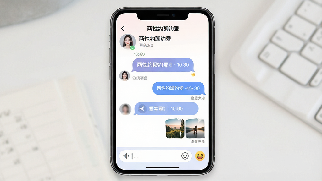 一张展示两性约聊约爱实时聊天互动功能的界面图,画面中央是手机屏幕,屏幕内显示“两性约聊约爱”聊天对话框,上方是对方头像与昵称,中间是文字气泡和语音条,底部是输入框与表情按钮,布局清晰,风格为柔和圆角社交UI风格,细节包含已读标记、时间戳、图片缩略图,画质高清,干净,无多余元素