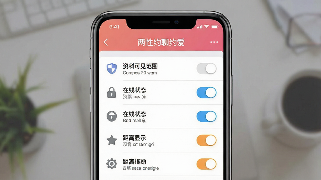 一张展示两性约聊约爱隐私安全保护功能的界面图,画面中央是手机屏幕,屏幕内显示“两性约聊约爱”隐私设置页面,有资料可见范围、在线状态、距离显示等开关按钮,布局为列表式,风格为简约商务社交UI风格,细节包含盾牌图标、锁形图标、权限开关,画质高清,干净,无多余元素