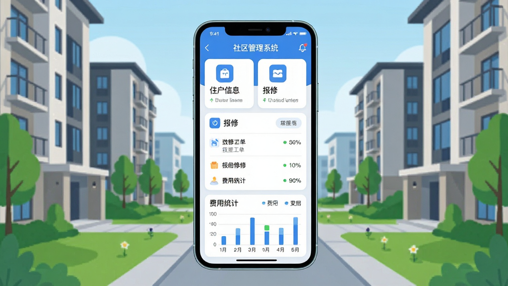 画面中央一部智能手机竖屏显示社区管理系统主界面,界面包含住户信息卡片、报修工单列表、费用统计图表等模块,背景为现代小区楼栋与绿化带,布局采用中心对称方式,排版清晰展示APP功能分区,风格为扁平化科技感UI插画,细节包含蓝色主色调图标、圆角卡片、数据看板,画质高清,干净,无多余元素