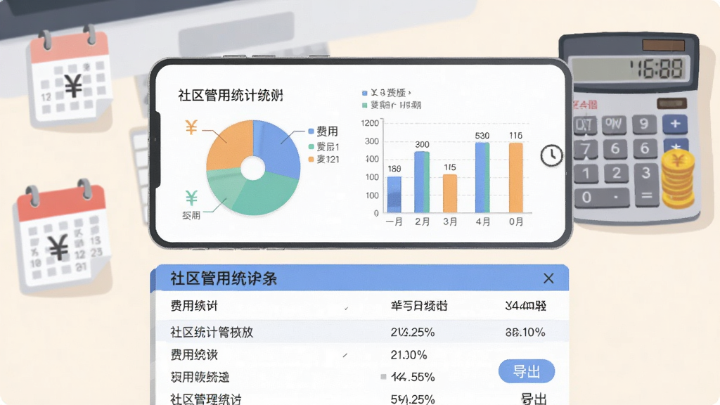 AI生图,画面展示社区管理系统费用台账自动化功能,主体为手机屏幕显示费用统计饼图与柱状图,背景为办公桌面与计算器,布局为上下结构上方图表下方明细列表,排版简洁,风格为清新扁平化插画,细节包含人民币符号、日历图标、导出按钮,画质高清,干净,无多余元素