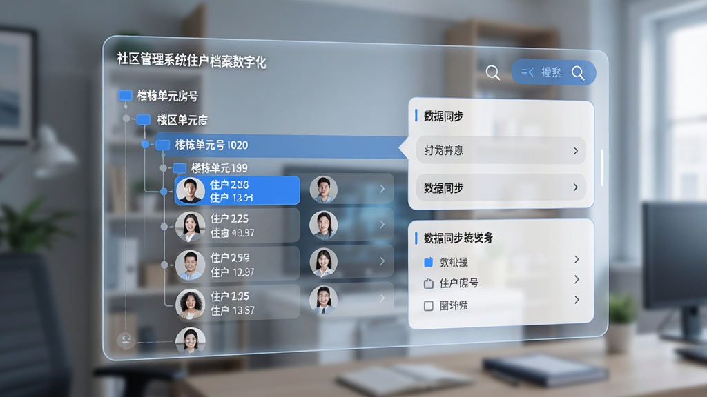 AI生图,画面展示社区管理系统的住户档案数字化功能,主体为悬浮的半透明数据面板,面板上列出楼栋单元房号与住户头像,布局为左侧树形导航右侧信息卡片,排版整齐,风格为现代商务科技风,细节包含蓝色高亮选中状态、搜索放大镜图标、数据同步箭头,画质高清,干净,无多余元素