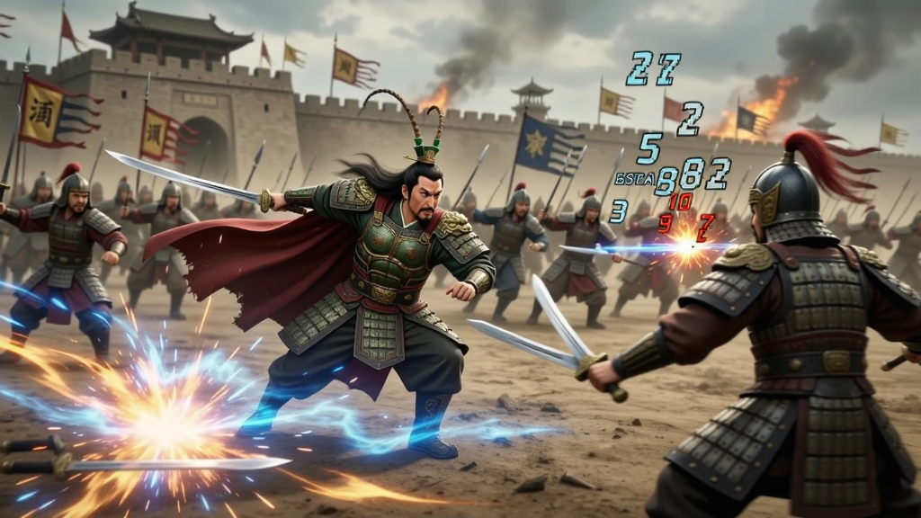 三国吕布传说战斗场景,主体为吕布率军冲锋与敌方武将对峙,布局为横向战场视角,前景为技能特效爆发,背景为城池与烽火,风格为动态写实战争风,细节包括刀光剑影、士兵方阵、伤害数字飘动,画质高清,干净无多余元素