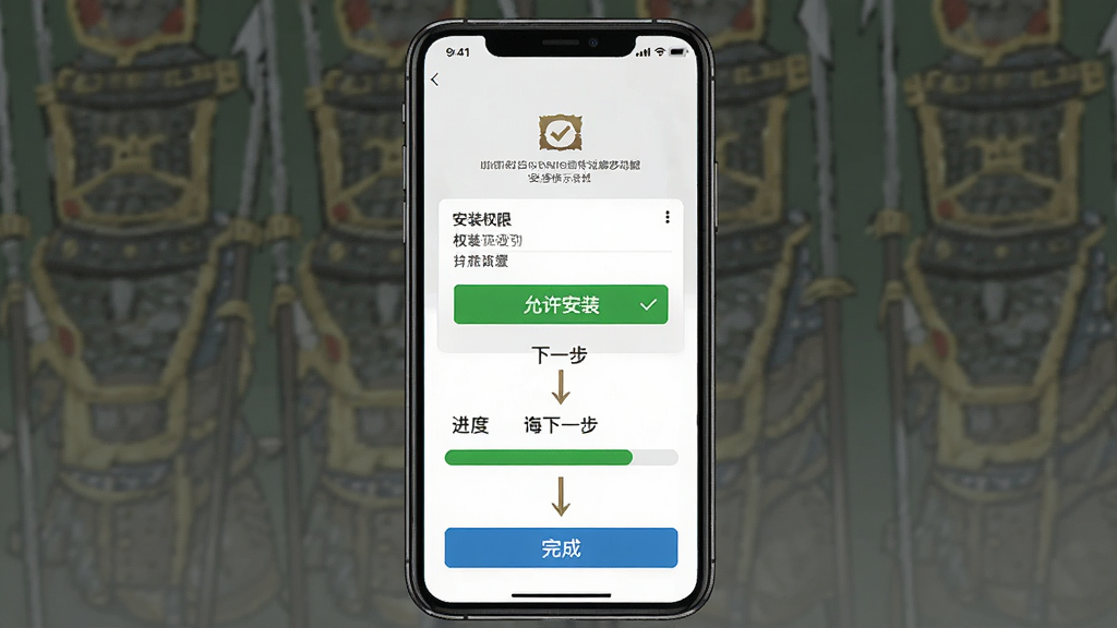 三国吕布传说移动端安装步骤示意图,主体为手机屏幕显示安装权限设置与进度条,布局为分步图示从上到下,风格为简洁教程风,细节包括“允许安装”“下一步”“完成”按钮文字,画质清晰,干净无多余元素