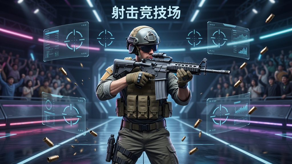 画面中央展示一名身穿战术装备的射击手,手持突击步枪,站在未来风格的竞技场中央,周围环绕着半透明的数据面板和瞄准准星,背景是观众席与霓虹灯条,整体布局采用中心对称构图,风格为写实科幻,细节包括枪械金属质感、地面反光、弹壳飞溅,画质高清,干净无多余元素,画面中文字标注“射击竞技场”