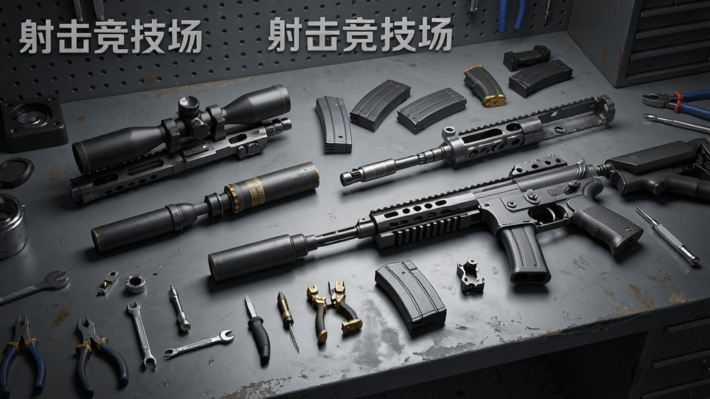 工作台上摆放多把枪械与配件,包括瞄准镜、消音器、弹匣,布局为工作台横向排列,风格为写实工业风,细节包括金属零件反光、工具散落、枪械分解结构,画质高清,干净无多余元素,画面中文字标注“射击竞技场”