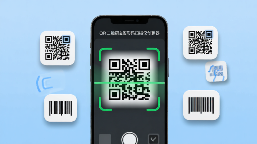 一款手机屏幕中央显示QR二维码扫描界面,背景为浅蓝色渐变,画面主体是一部智能手机,手机屏幕上呈现扫描框和绿色扫描线,旁边漂浮着几个不同样式的二维码和条形码图标,布局简洁居中,风格为扁平化科技风,细节包括扫描光效、图标阴影、圆角元素,画质清晰干净,无多余元素,图片中文字标注