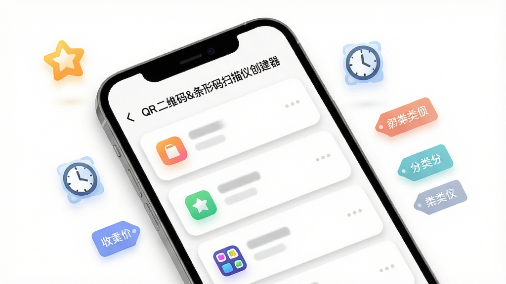 手机屏幕展示二维码历史记录列表界面,背景为白色简洁风格,画面中手机倾斜放置,周围漂浮着收藏星标、时钟图标和分类标签,布局为居中展示,风格为清新扁平风,细节包括列表卡片阴影、彩色图标、圆角设计,画质清晰干净,无多余元素,图片中文字标注