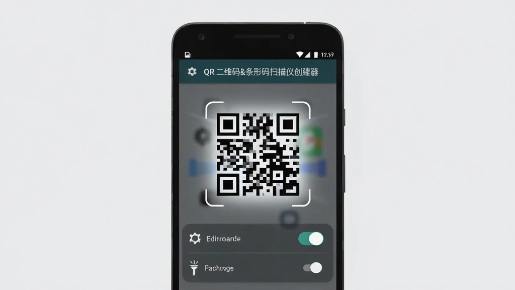 一部安卓手机展示QR二维码扫描仪创建器的设置界面,背景为淡灰色,手机屏幕显示权限开关和闪光灯选项,布局为手机正面特写,风格为简约实用风,细节包括设置图标、开关按钮、文字标签,画质清晰干净,无多余元素,图片中文字标注
