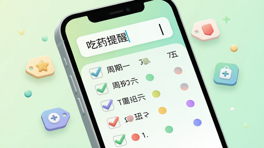 手机屏幕显示一周七天的勾选面板,每个日期下方有不同颜色的小圆点标记,屏幕上方有一个文本输入框写着“吃药提醒”,背景是柔和的浅绿色渐变,手机周围漂浮着几个小标签图标,风格为清新扁平插画,细节包括勾选框的立体感、文字输入框的光标和圆点的渐变,画质清晰,干净,无多余元素。