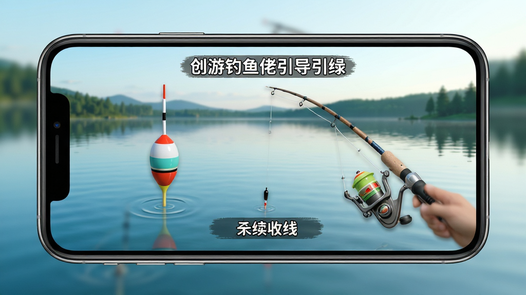 创游钓鱼佬新手操作引导界面,手机屏幕显示浮漂与收线提示,背景为宁静湖面,风格简洁明快,细节清晰,画质干净,无多余元素