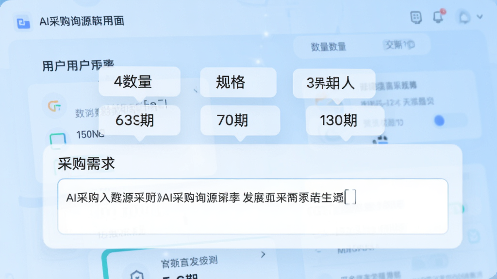 AI采购询源助手应用界面中,用户正在输入框内键入采购需求文字,屏幕上方浮现出被自动提取的参数标签如数量、规格、交期,界面背景为浅蓝色科技感渐变,整体布局清晰,风格现代简约,画质干净